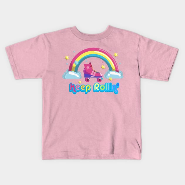 Keep Rolling Roller Skating Rainbow Seventies Style Kids T-Shirt by LittleBunnySunshine